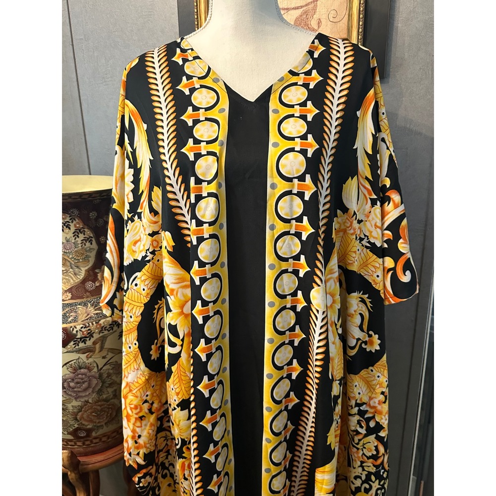 Gypsie Blu Women Black Yellow Baroque Crown Print Open Front Kimono Cardigan OS